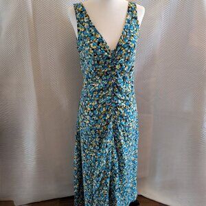 Esprit Midi Dress Abstract Floral Print Ruched front Slit Size 6 Cottagecore NWT